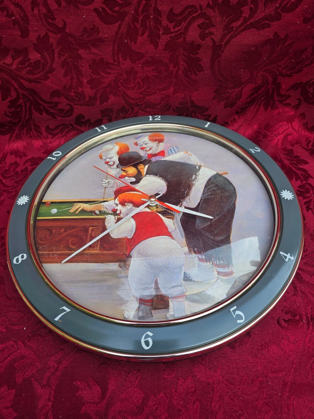 Vintage Kitsch Clowns Playing Pool Billiards 11 Inch Round Wall Clock